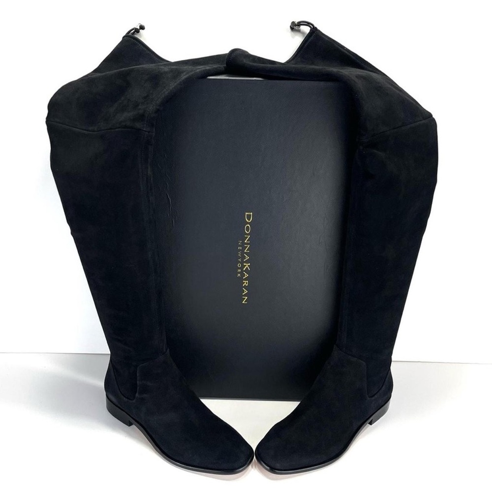 Over-the-knee boots leather Drawstring ties Round toe Stacked heel.